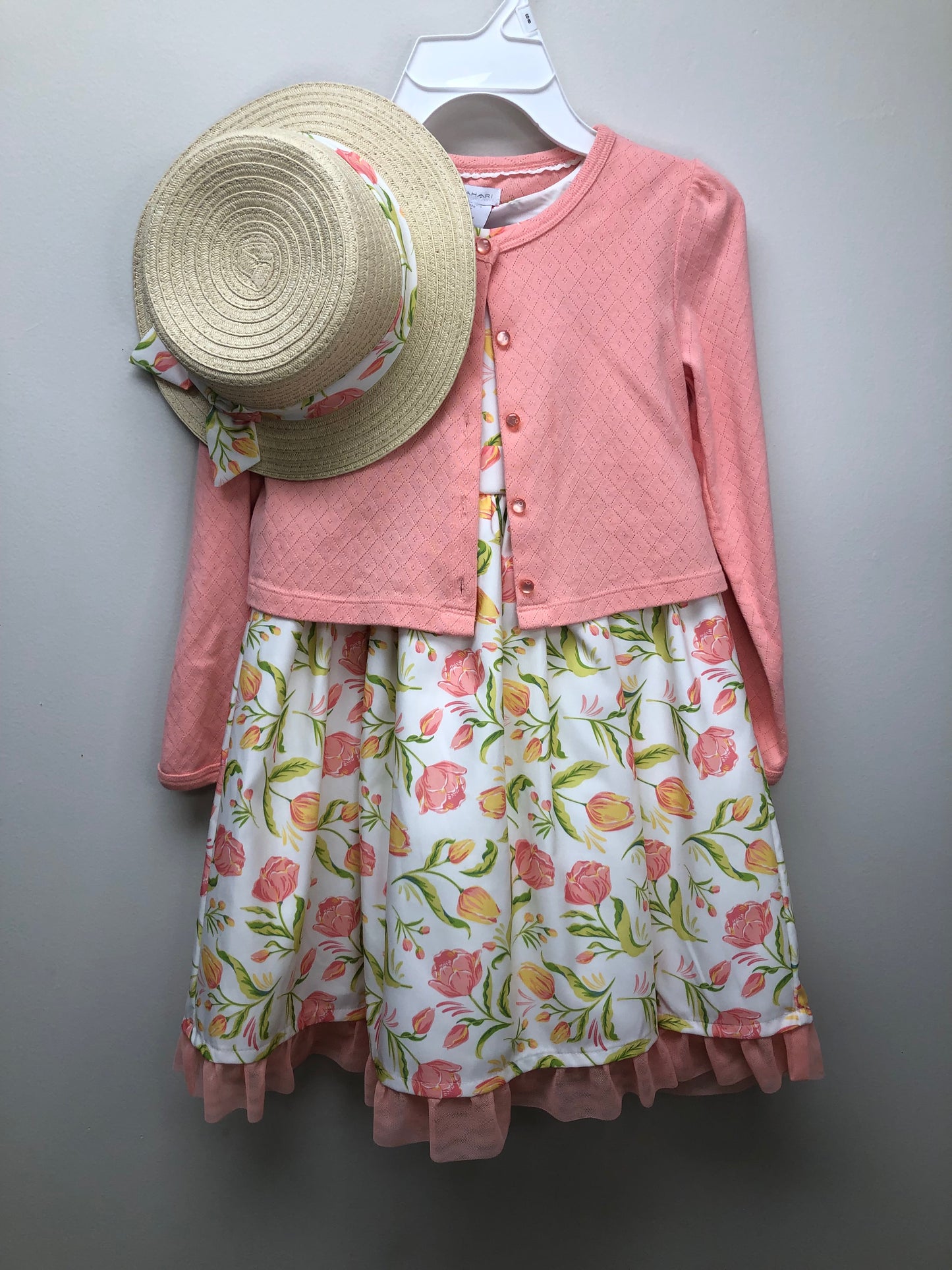 Tahari Child Size 7 peach floral Dress